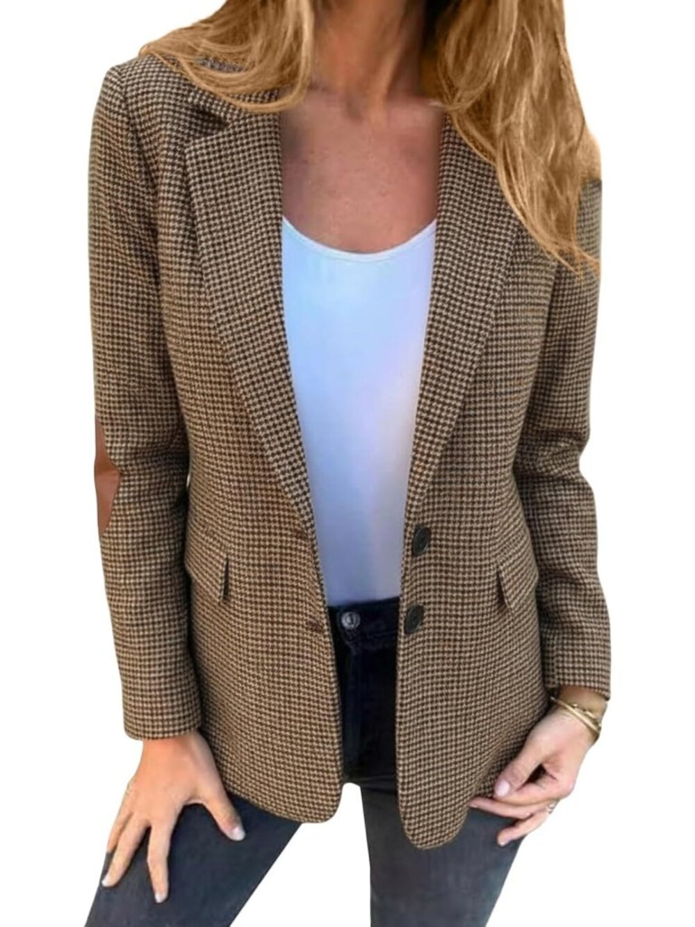 Chic Women's Tweed Blazer - Houndstooth Plaid, Fully Lined, Pockets, Office Wear